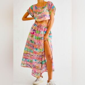 Free Peope In Bloom Striped Maxi Skirt W Mini Slip Set $248 Boho Beachy Vacation